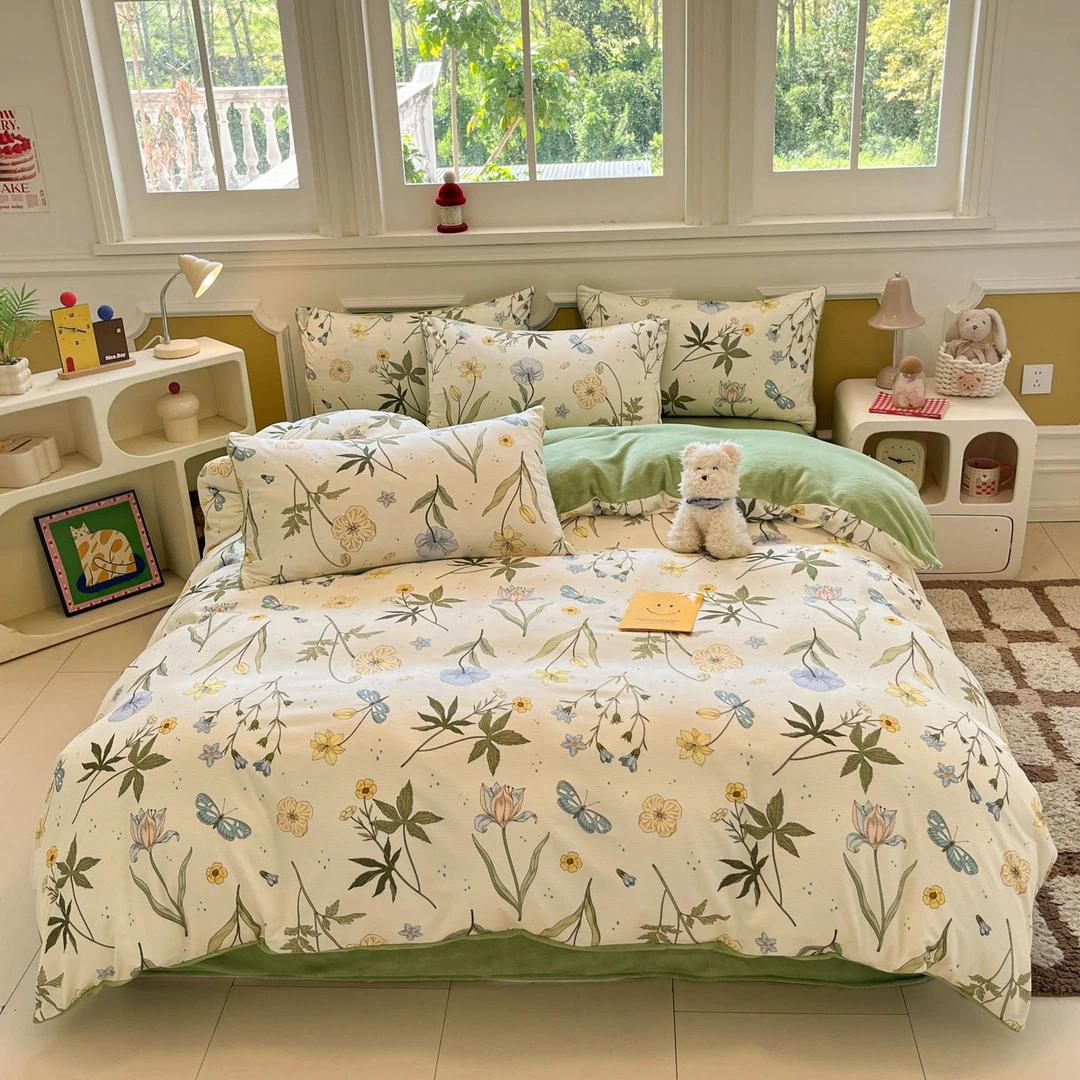 欧凸欧冬季新款小清新A类灯芯绒印花牛奶绒加厚加绒加厚四件套