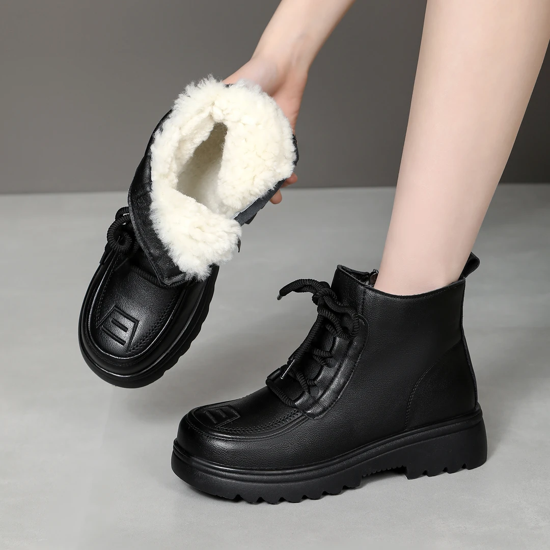 2025秋冬新款圆头真皮加绒保暖雪地靴时尚休闲防滑短靴