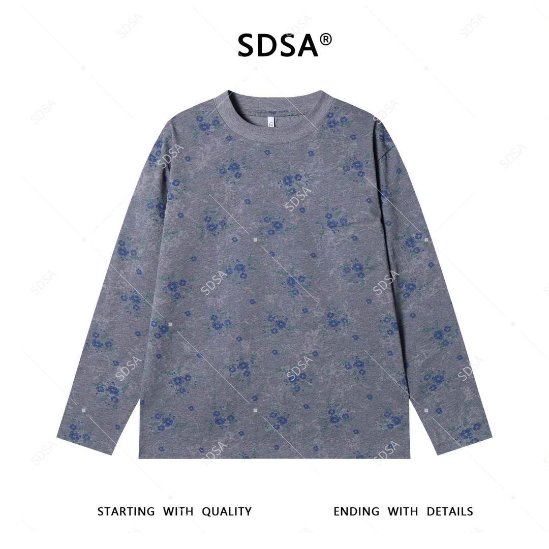 SDSA男士2025新款轻奢痞帅男装扎染撞色花卉印花圆领长袖T恤百搭
