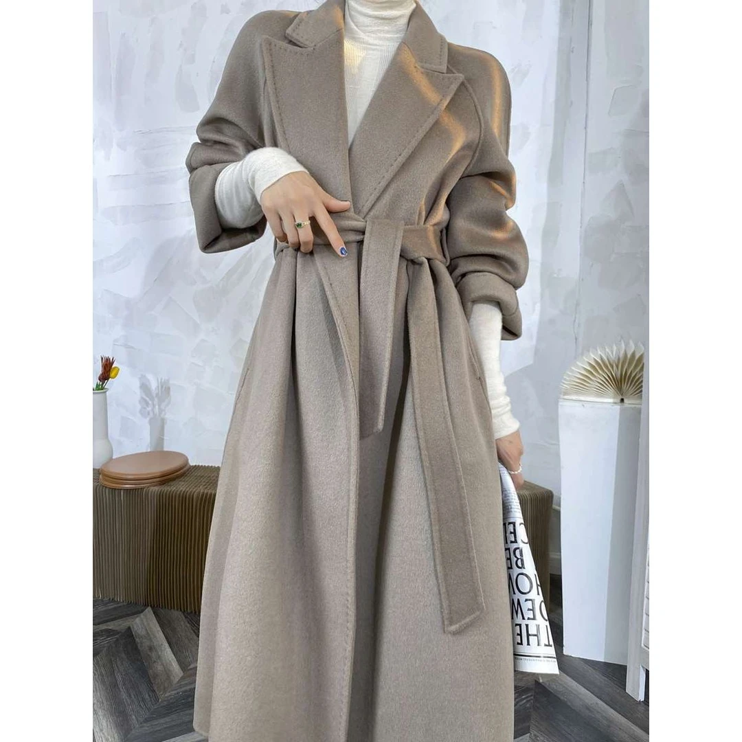 高级感赫本风双面羊羊毛呢子大衣女中长奶咖色收腰系带羊毛外套