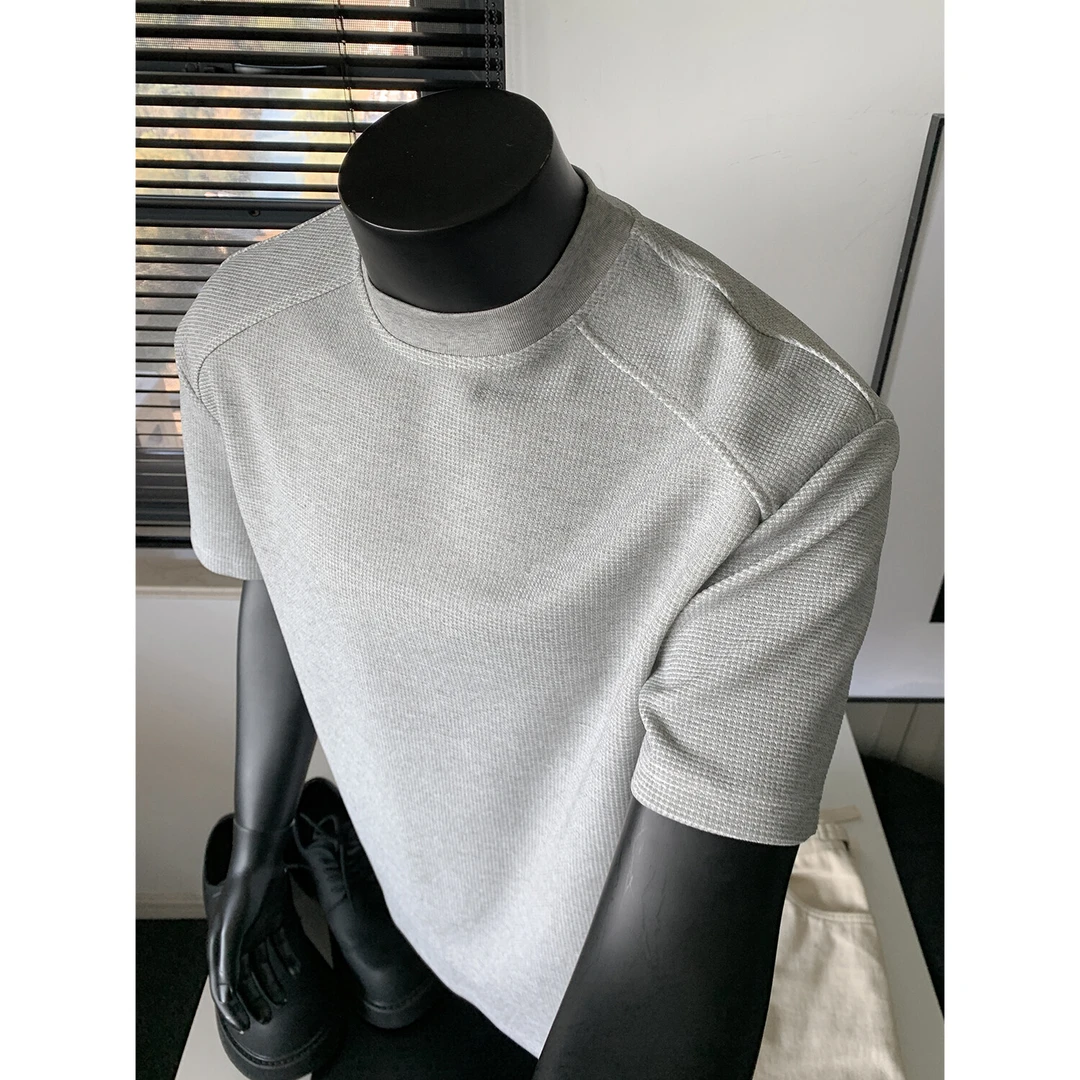 重磅抗皱正肩短袖男华夫格T恤夏季潮牌美式cleanfit简约硬挺宽松