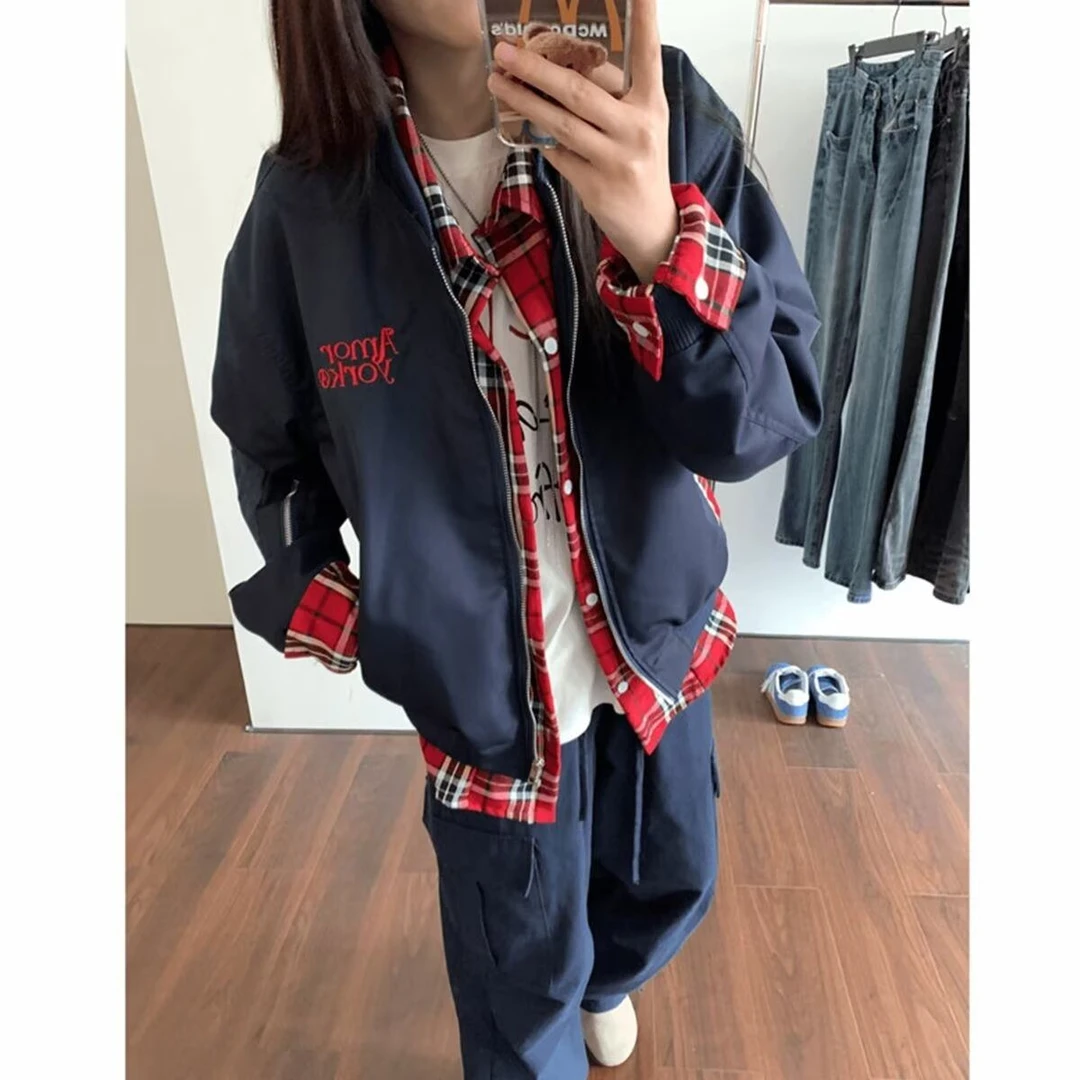 HandSeven美式刺绣假两件男女情侣小众撞色格子外套韩版宽松百搭