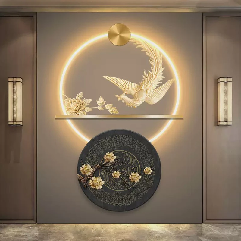 新中式高级感玄关装饰画凤凰进门正对墙挂画大气高档发光壁饰壁画