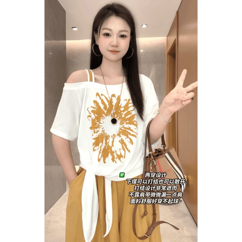 两件套向阳花单肩镂空两穿设计显瘦休闲女短袖韩版时髦松弛感套装