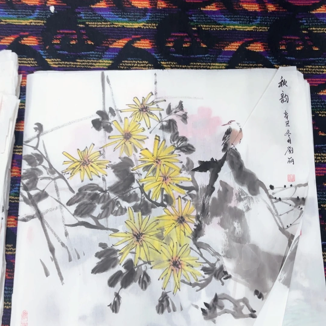 国画刘丽斗方花鸟童