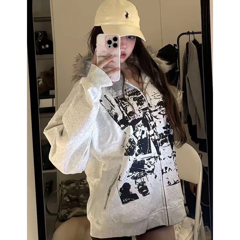 美式连帽外套男女复古秋冬加厚毛领印花加绒设计拉链上衣潮#WY166