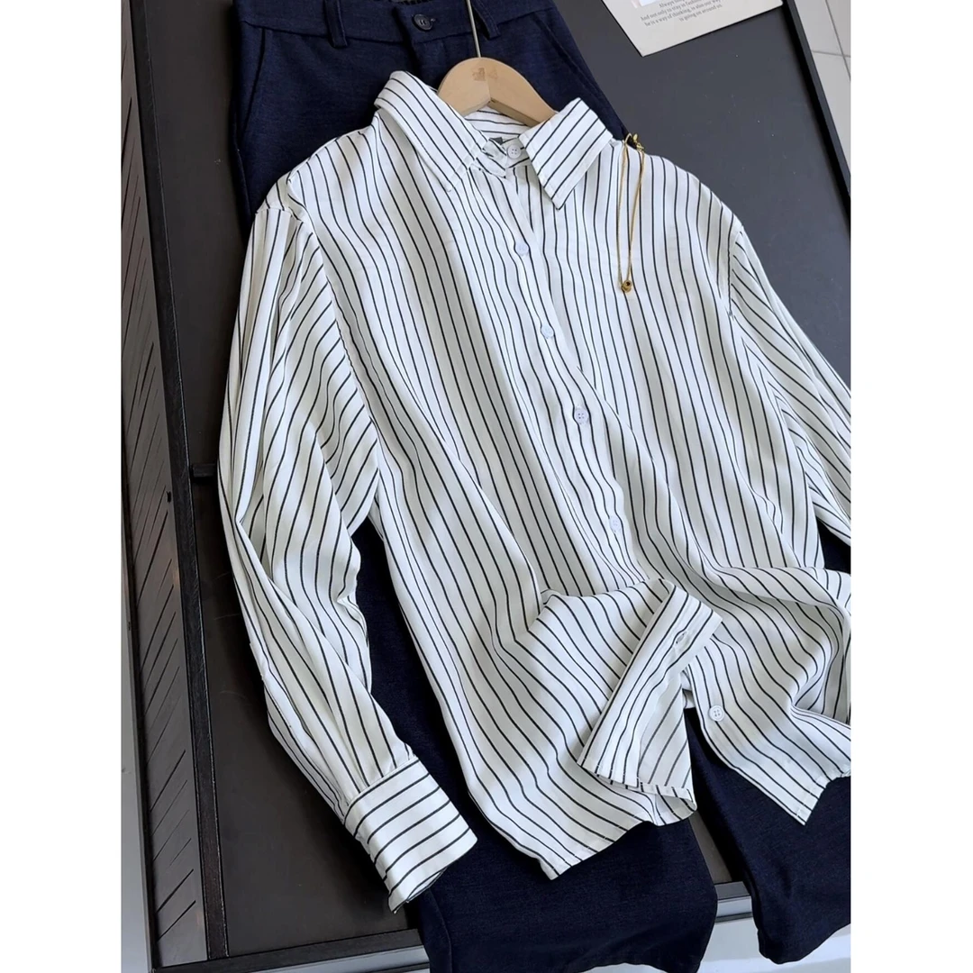 棉 竖条纹宽松男友风慵懒复古港味长袖衬衫女叠穿休闲上衣