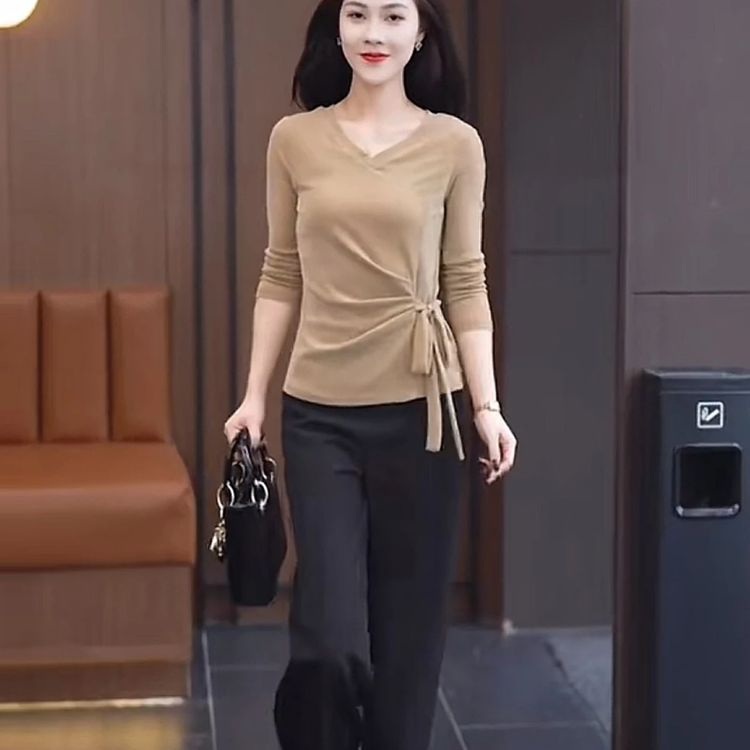 春季薄新款V领长袖透气网纱修身时尚绑带弹力洋气女小衫打底2995