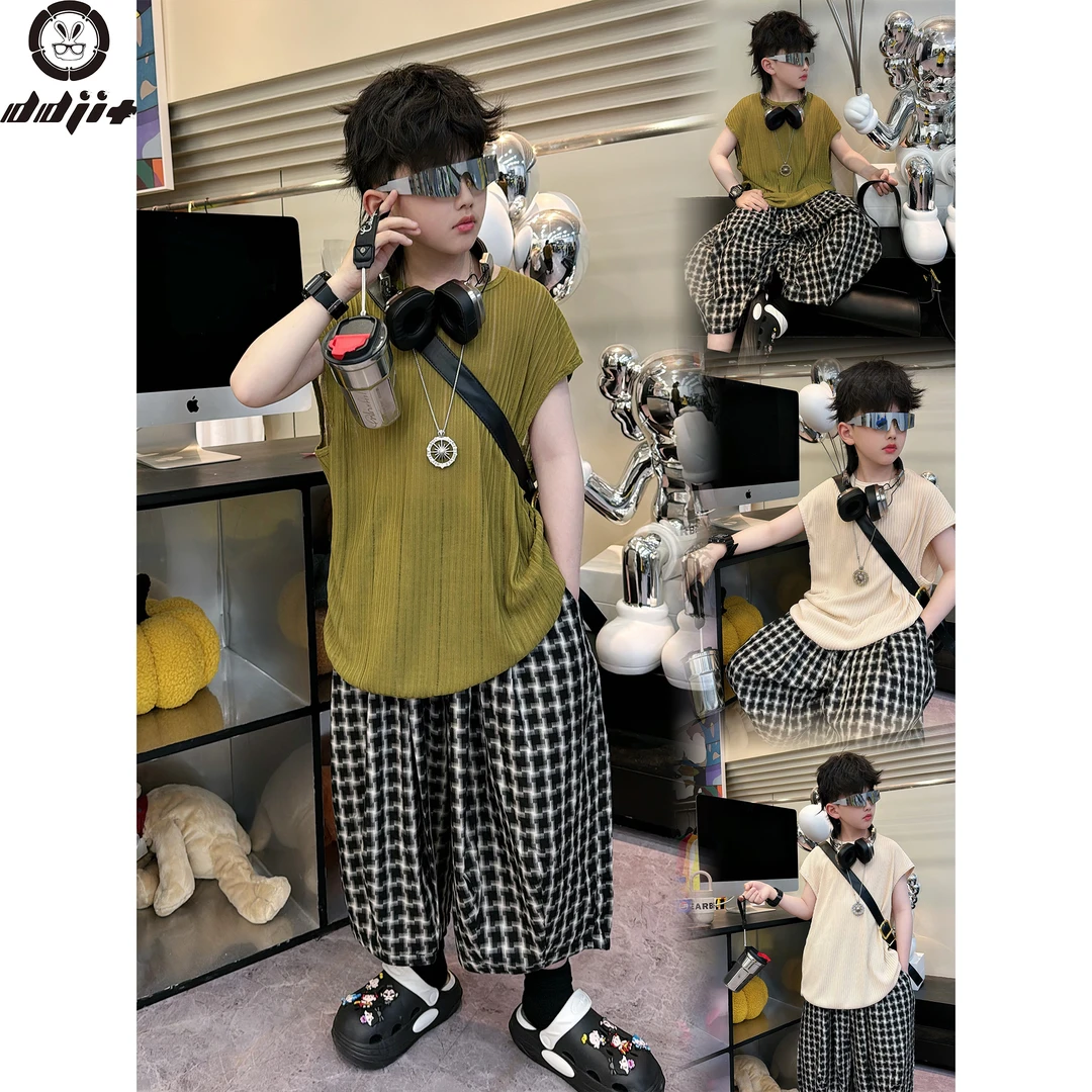 蛋蛋家【 松弛感】夏款时尚街头男童绿色抖抖清凉坎肩T恤