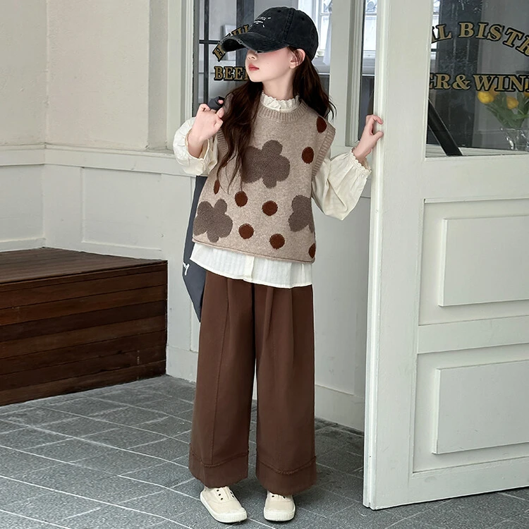 女童秋装套装2025新款儿童韩系穿搭中大童衬衫毛衣马甲阔腿裤三件