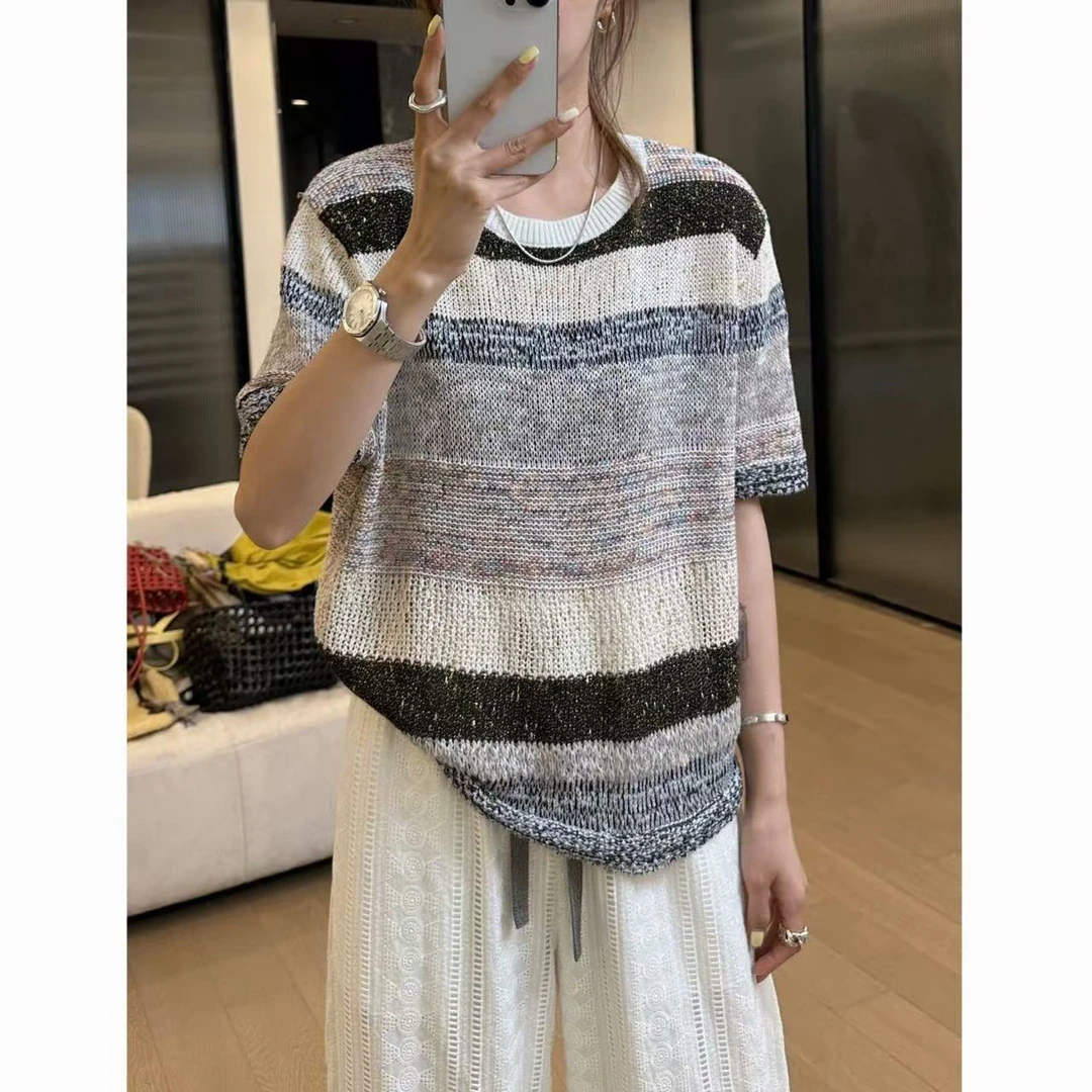 小静静一会【拼色花纱针织T】2025夏款撞色条纹短袖 2505C2494