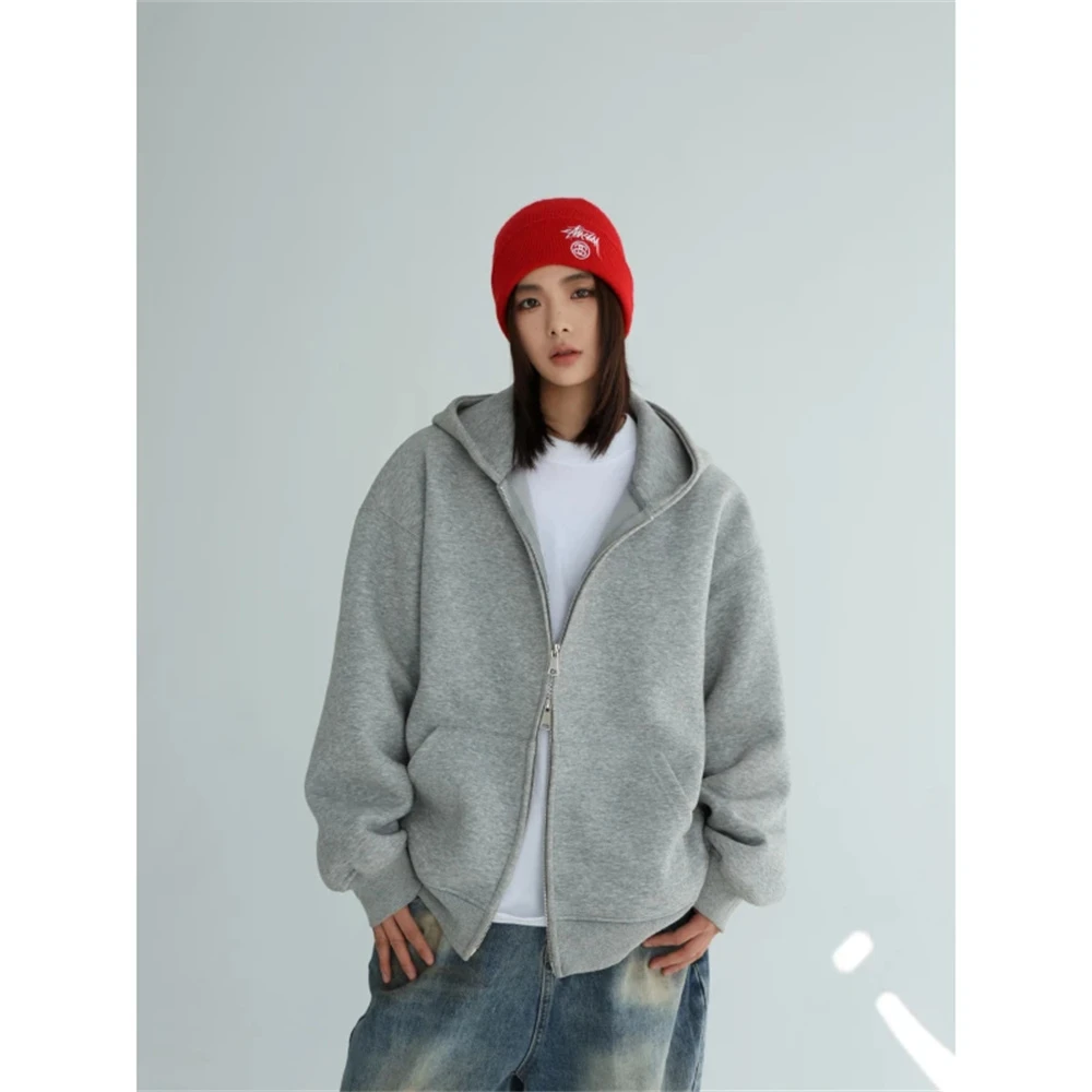 秋季爆款情侣卫衣420G重磅外套男女同款纯色宽松连帽开衫百搭上衣