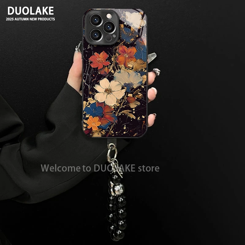 油画花朵适用苹果vivo华为oppo小米iPhone17电镀玻璃防摔手机壳潮