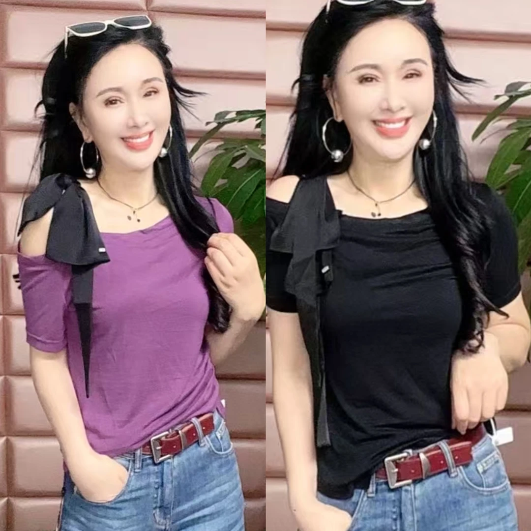 2025新款蝴蝶结一字领斜领夏季T恤时尚纯色百搭短袖显瘦气质