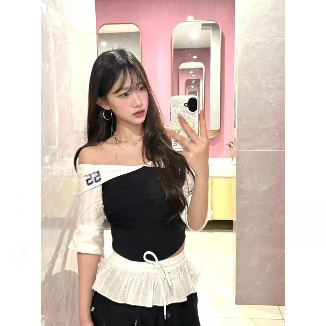 街头风城市运动风时尚套装气质百搭露肩一字肩上衣休闲裤子女夏季