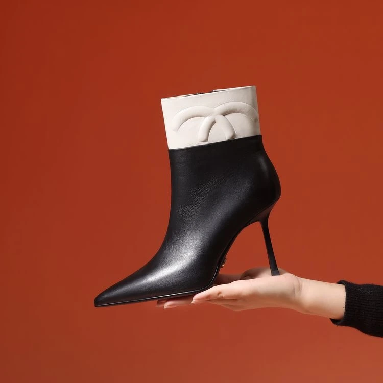 HUPANG【工厂直发】气质高跟短靴女细跟尖头百搭真皮靴子秋冬H05-50