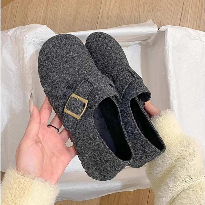 森系复古时尚毛呢勃肯鞋女2025春季新款懒人百搭厚底乐福鞋单鞋潮