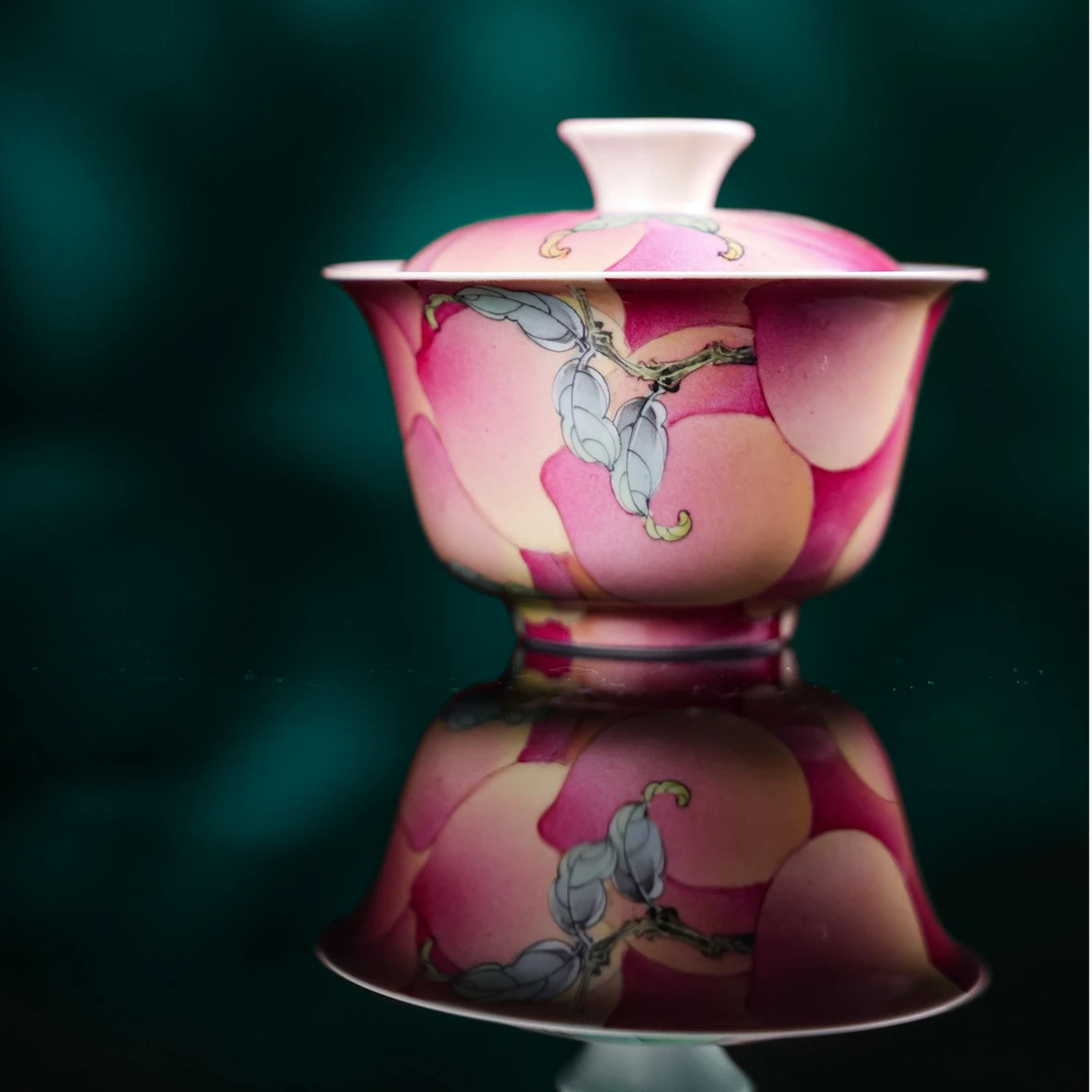 雅圣粉彩满桃子盖碗景德镇手工手绘桃子盖碗窑口高端精品瓷器陶瓷