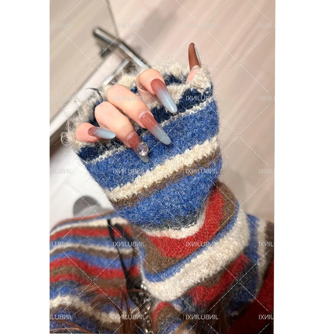 【圣诞系列 条纹撞色设计感针织毛衣】百搭圆领复古慵懒风秋冬上衣