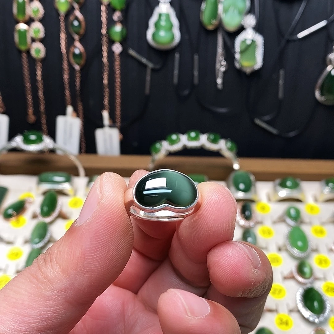 和田玉（碧玉）银S925镶嵌戒指