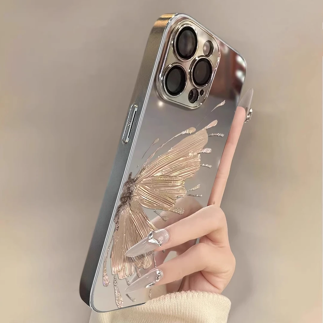 金蝴蝶左适用于苹果16promax女款手机壳iphone15电镀镜面防摔全包