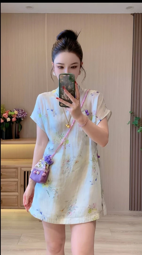 新中式夏季时尚爆款立领薄花色上衣+央企短裤女百搭国风两件套