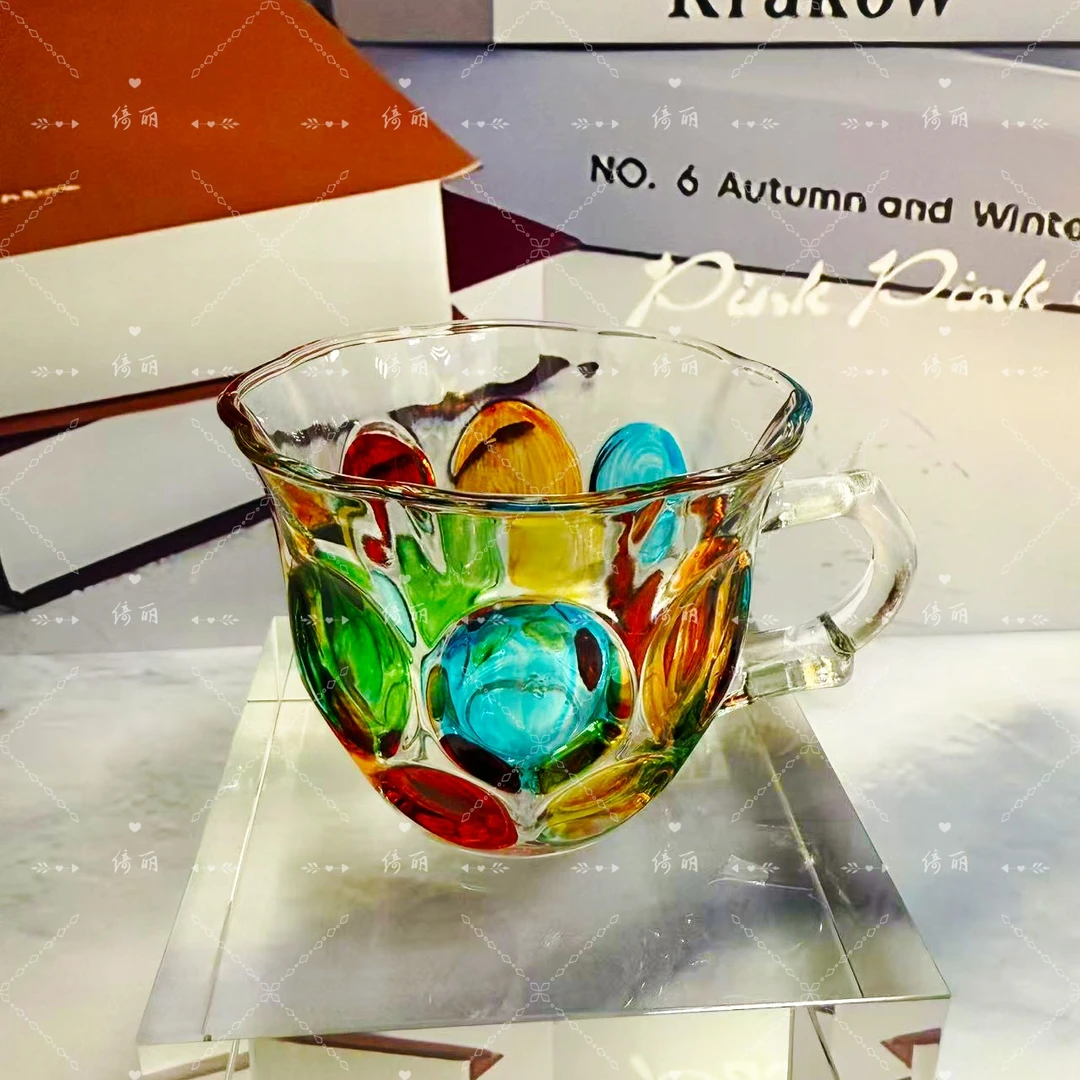 单只-轻奢人工手绘浮雕把手杯水晶玻璃杯家用高颜值带把手水杯