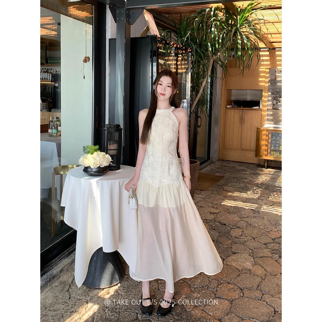 「夏日舞曲」提花挂脖吊带连衣裙气质海边度假裙长裙超火的后妈裙