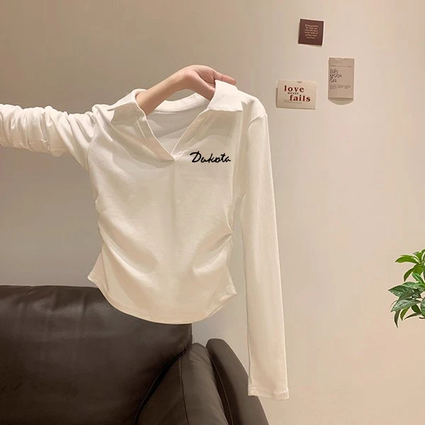 纯色字母印花Polo领长袖T恤早秋新款褶皱修身显瘦时尚正肩上衣女