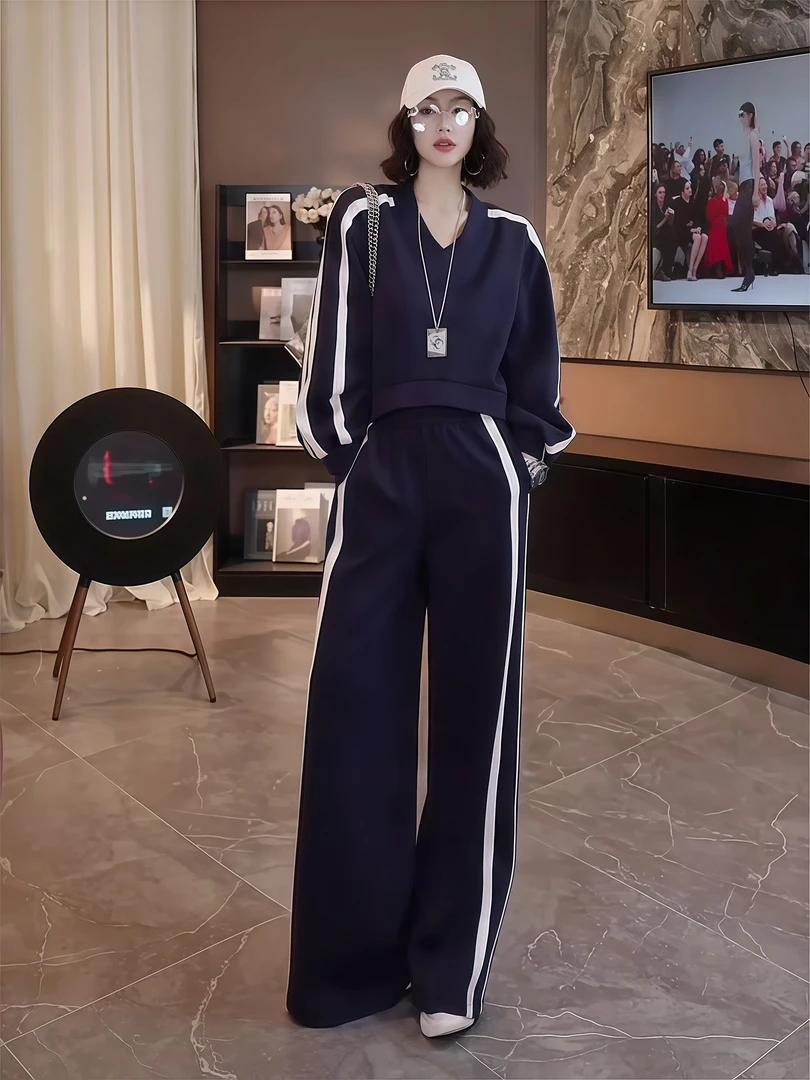 韩版时尚休闲套装女2025秋季新款撞色V领套头长袖卫衣直筒阔腿裤