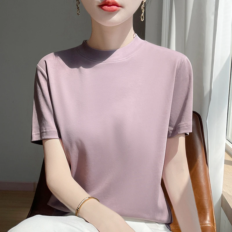 半高领100%纯棉短袖T恤女夏季薄款冰爽澳棉上衣宽松大码打底体恤