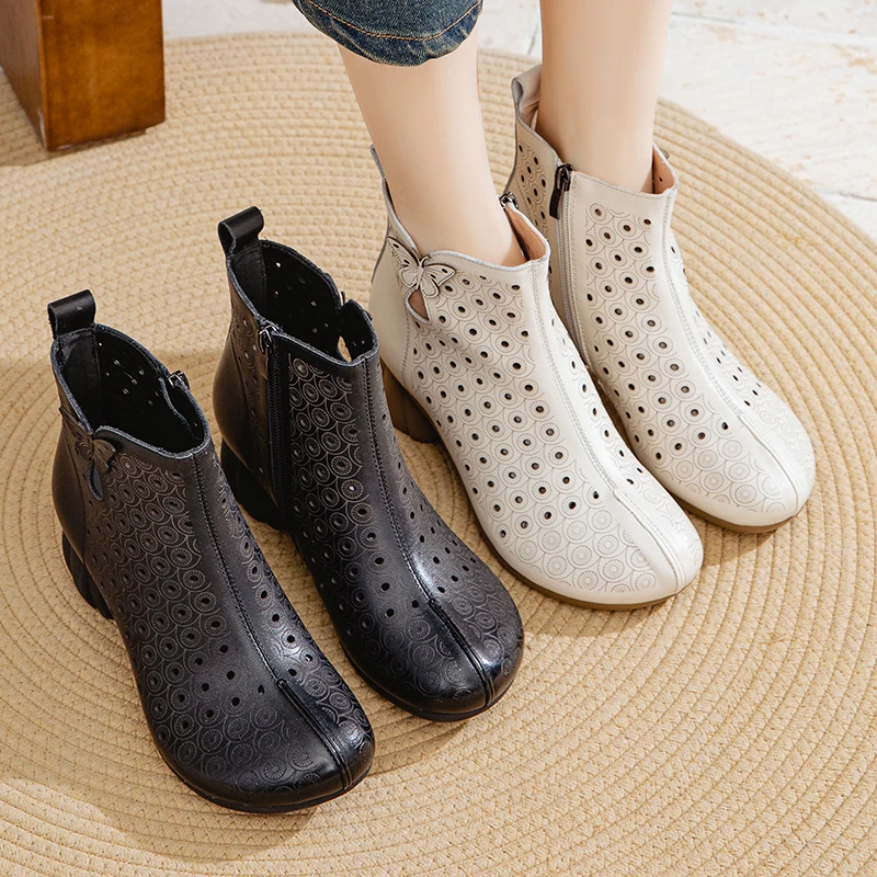 达99912 真皮凉靴女粗跟2025春夏款复古凉鞋真皮妈妈鞋镂空洞洞鞋