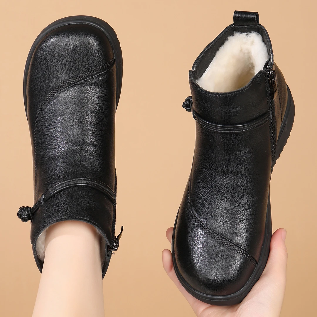 久站不累妈妈鞋棉鞋女冬季保暖加绒加厚老年老人冬天外穿真皮短靴