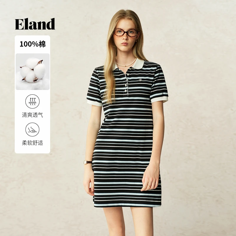 Eland衣恋连衣裙女撞色条纹连体短袖裙子EEOMF25N52
