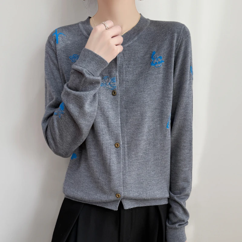 【崔万志工厂】精纺羊毛圆领针织开衫春秋显瘦长袖洋气打底衫