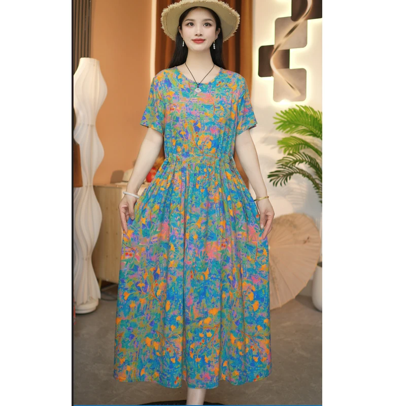 【银杏叶】夏季棉绸裙子新款时尚短袖系带大码宽松中长款连衣裙