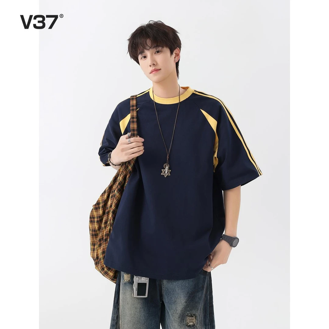 V37美式短袖t恤男2025夏季新款撞色拼接设计感宽松休闲五分袖体恤