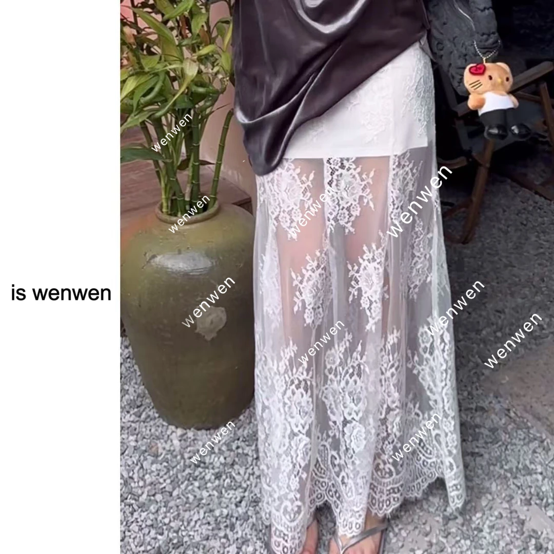 【WEN】 幽影暗梅 春秋蕾丝网纱压褶碎花拼花边A摆长款半身裙 YS738