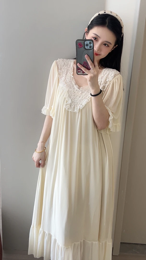 气质白色性感甜美中长款女裙子睡裙不起球夏季法式春夏家居服