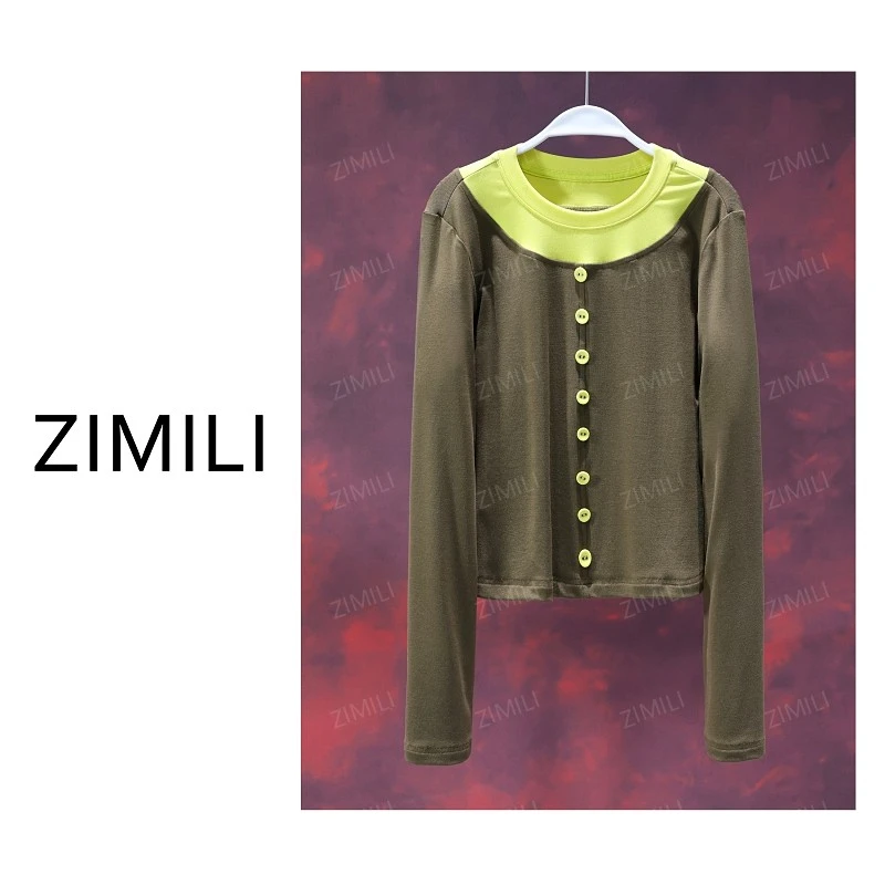 【亮哥女装】2025秋冬新品《年轮》古铜绿撞色拼接圆领打底衫6267-A6