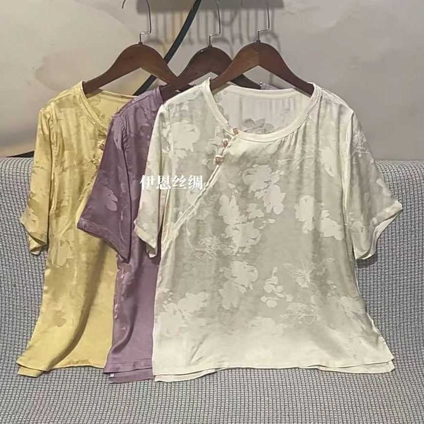 短袖圆领小衫复古短袖T恤民族风提花中国风套装文艺