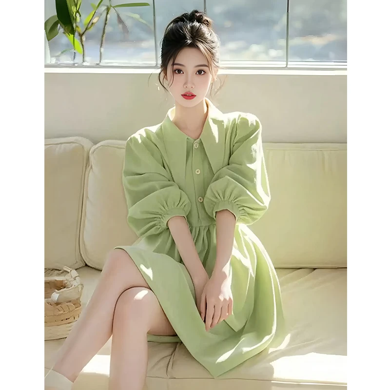 温柔甜美泡泡袖衬衫裙女收腰设计感小众翻领连衣裙2025夏季新款潮