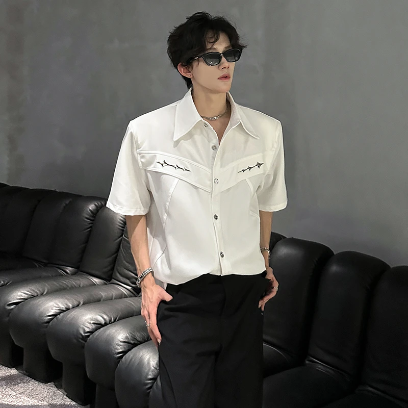 垫肩小众金属解构短袖衬衣高级感痞帅廓形潮男复古透气男士衬衫