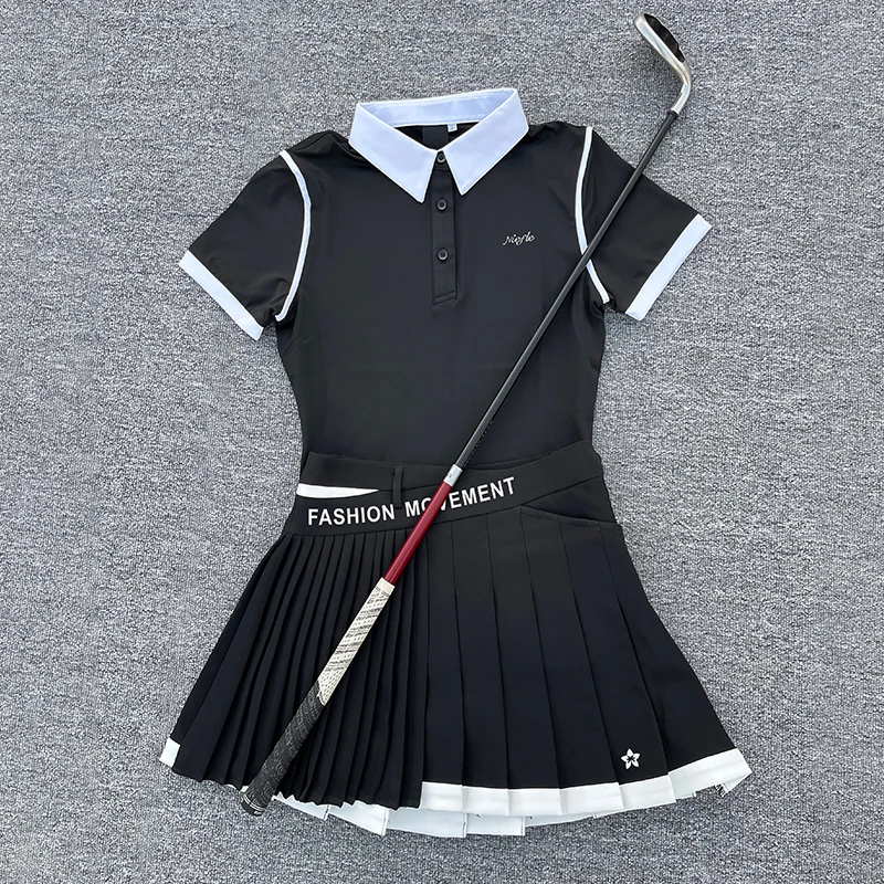 夏季新品高尔夫服装短袖女速干排汗舒适套装裙防走光翻领polo衫