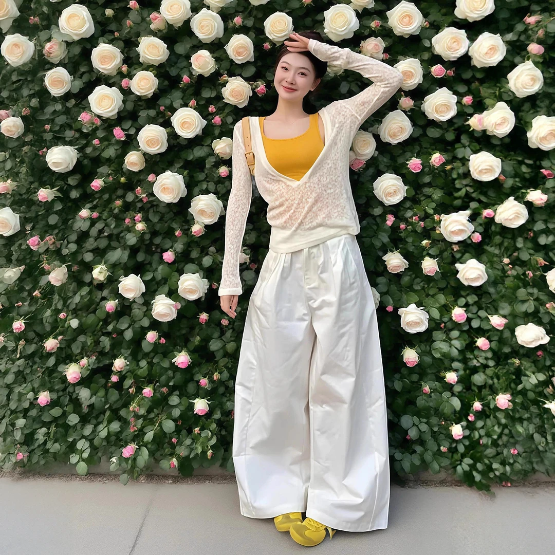 早秋氛围感穿搭套装女长袖罩衫显瘦背心阔腿裤子松弛感三件套装女