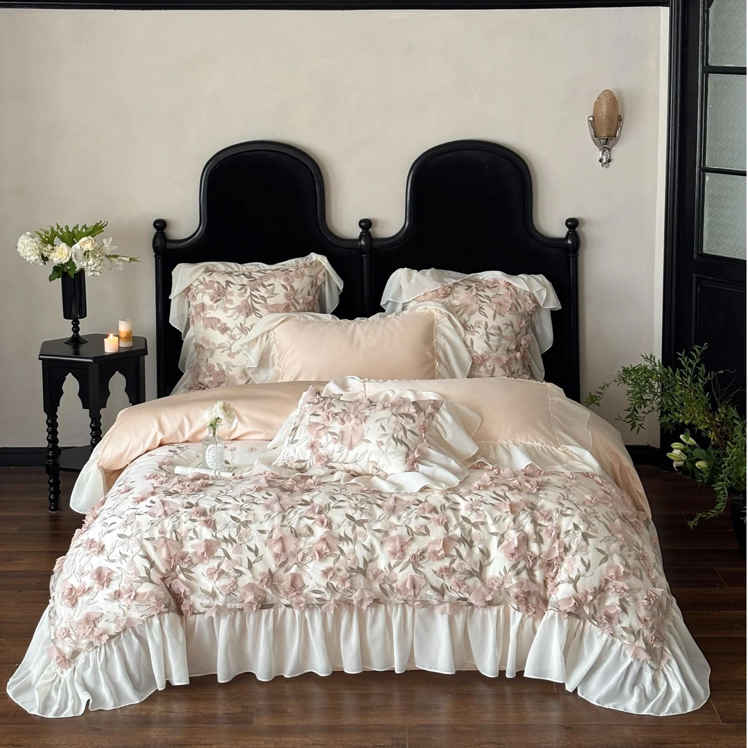 春夏高支公主风纯棉四件套立体蕾丝花边全棉被套法式床上用品2026