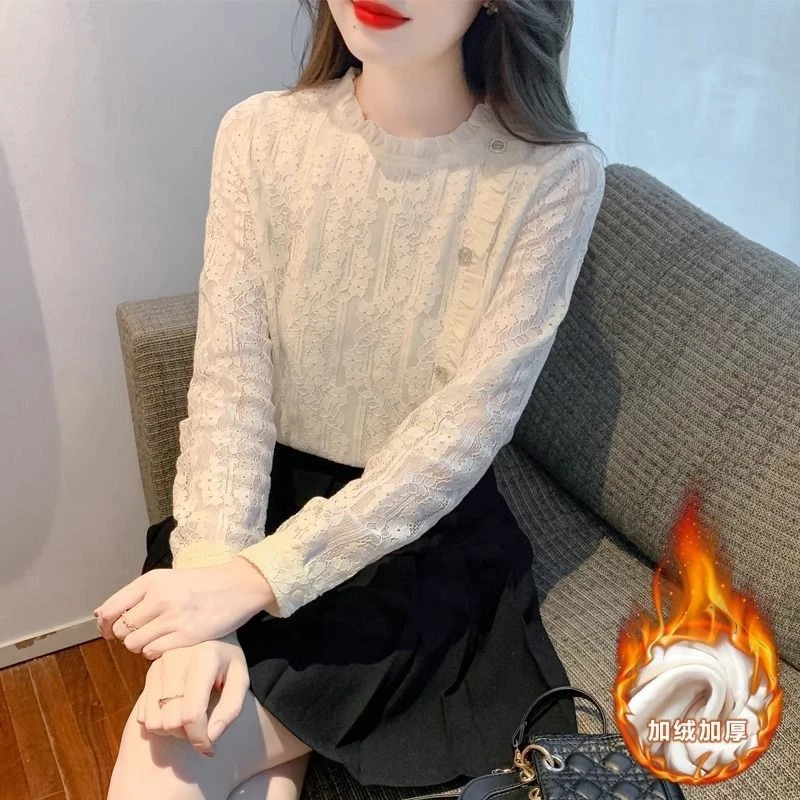 加绒加厚秋冬新款打底衫女法式蕾丝气质内搭轻奢衬衫高级感上衣