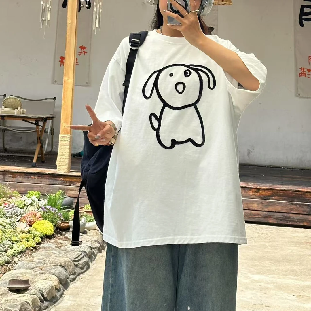 【小惜亦】小狗宽松女t恤慵懒2025新款夏显瘦遮肉纯棉半袖落肩袖