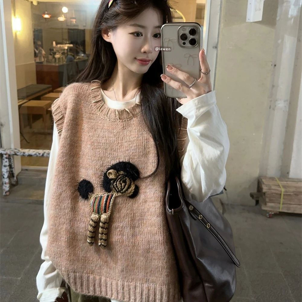 立体装饰粉红色针织马甲背心女款春秋设计感宽松外搭无袖毛衣马夹