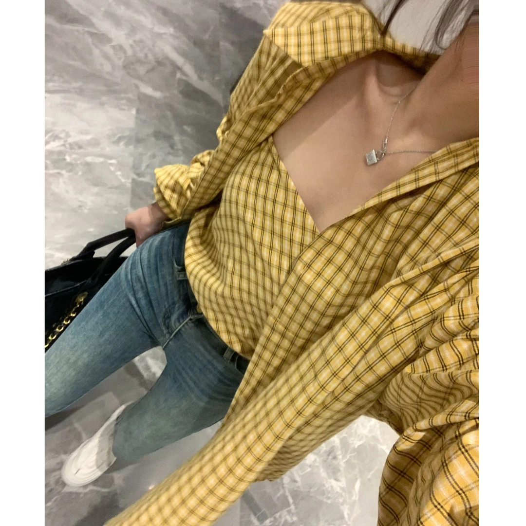 春款上新ins韩女穿搭条纹格子宽松衬衫